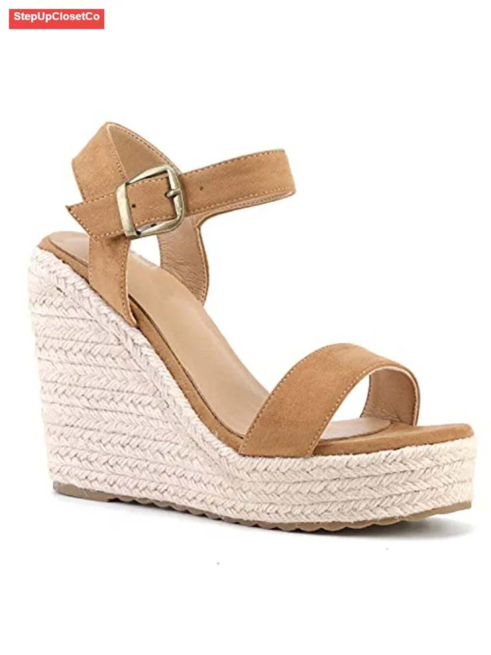 Espadrille Platform Wedge Sandals with Ankle Strap Buckle, Faux Leather, Open